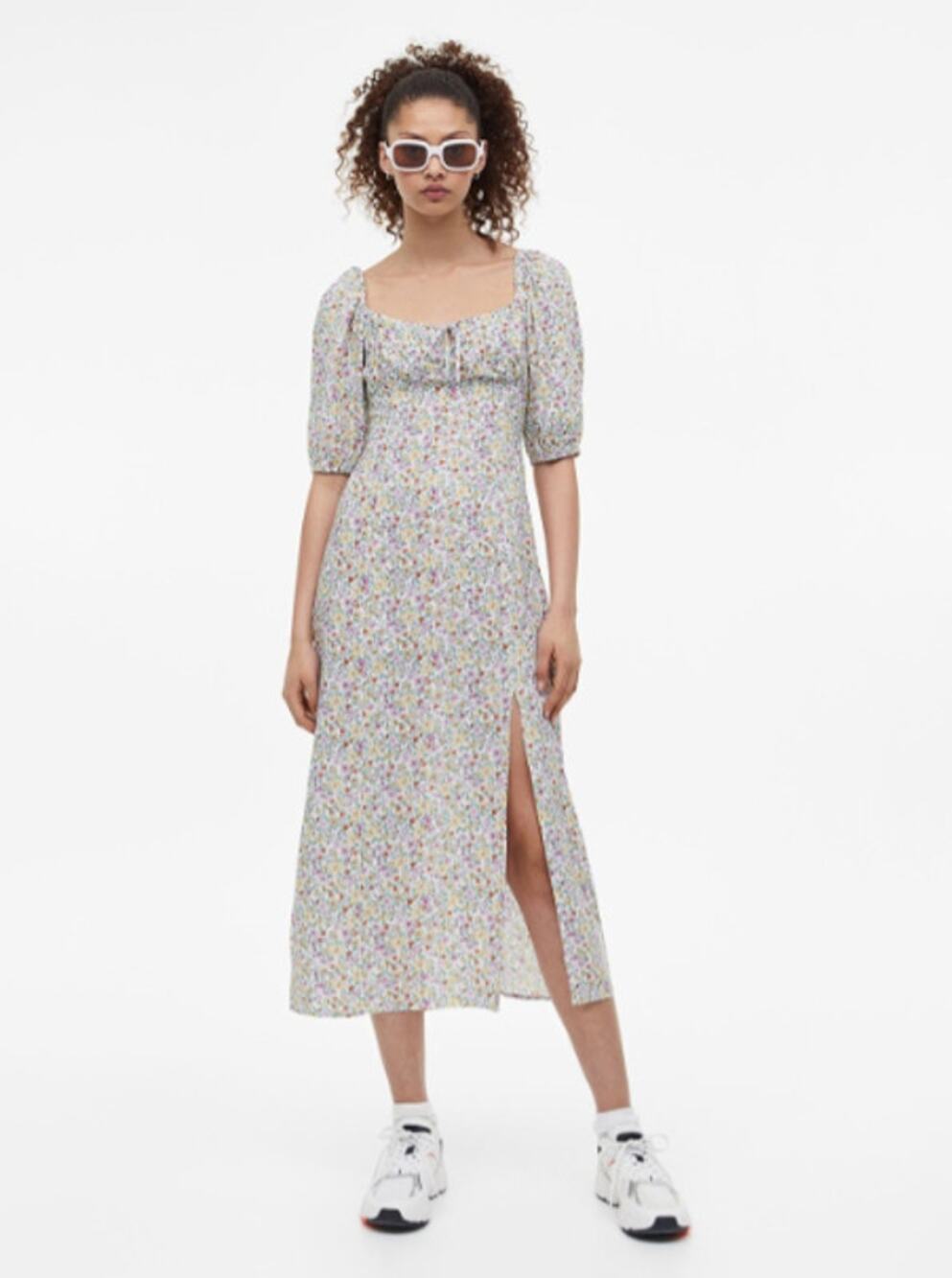 H&M Divided Milkmaid Puff Sleeve Dress Womens Sz M White Pink Floral Cottagecore
